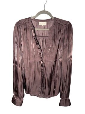 Melloday Brown Shimmery Low V Neck Blouse Long Sleeve Size Large